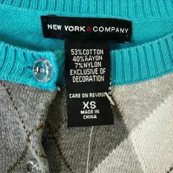 NWT New York & Company Teal Argyle Lightweight Button Down Sweater - Picture 3 of 9